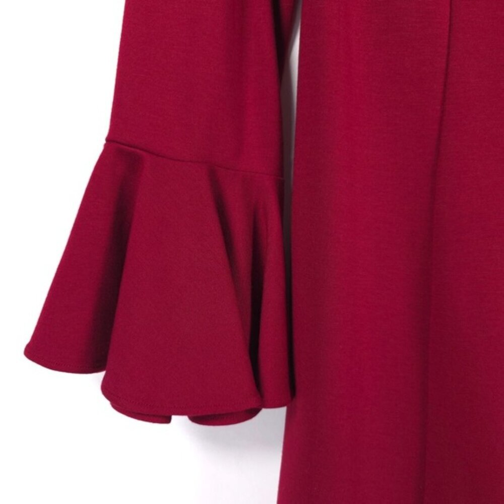 TRINA TURK Mini Dress Peplum Bell Sleeve Maroon Flare Lace 177313 No Size Tag XS - Picture 14 of 16